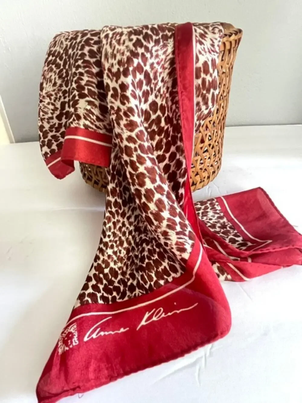 Anne Klein Vintage Silk Leopard Print Scarf Made in Japan Red Animal Print Wrap